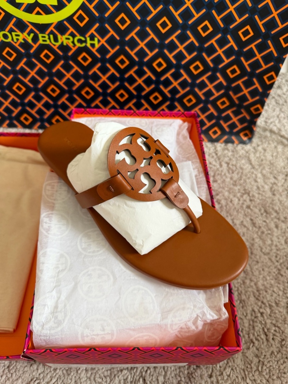 Tory Burch Miller Soft Leather Sandals Bourbon Miele Size 9.5 Brown Tan
